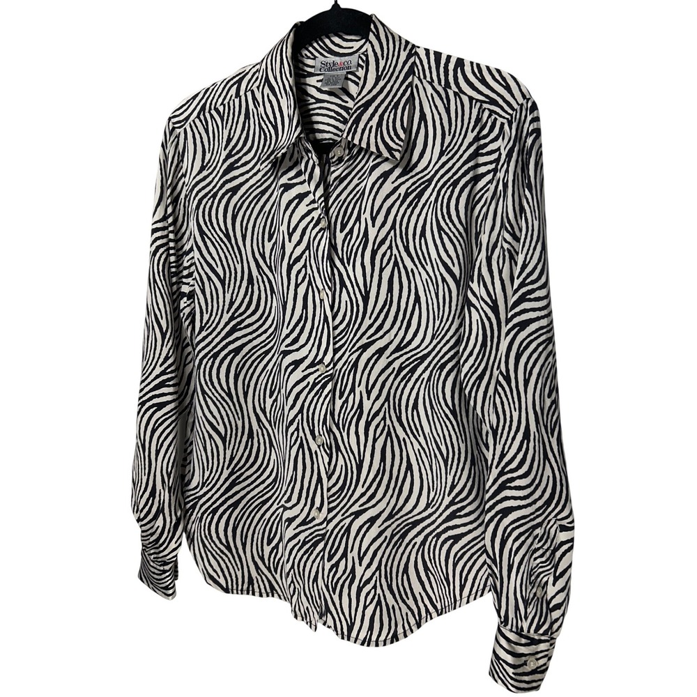 VTG Style & Co. 100% Silk Zebra Print Blouse Ivory Black Women's Size 4 EUC